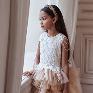 Short dress for a flower girl with a chic shining guipure bodice with 3D flowers. Shoulders with threads with crystal beads Ivory girl dress image 3