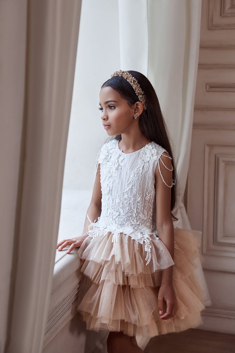 Short dress for a flower girl with a chic shining guipure bodice with 3D flowers. Shoulders with threads with crystal beads Ivory girl dress image 3