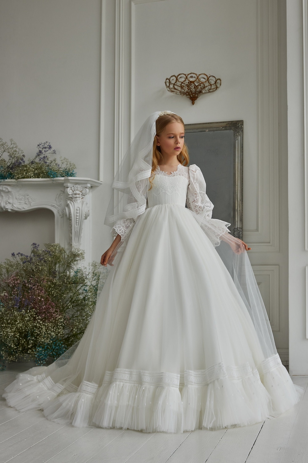 Tulle Communion Dress With Veil. Elegant Ivory Dress With - Etsy