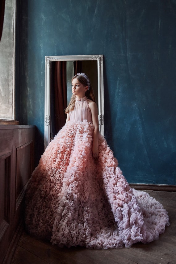 Gradient Flower Girl Dress With Tiered Tulle Fluffy Skirt. 