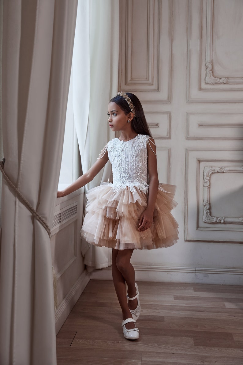 Short dress for a flower girl with a chic shining guipure bodice with 3D flowers. Shoulders with threads with crystal beads Ivory girl dress image 1