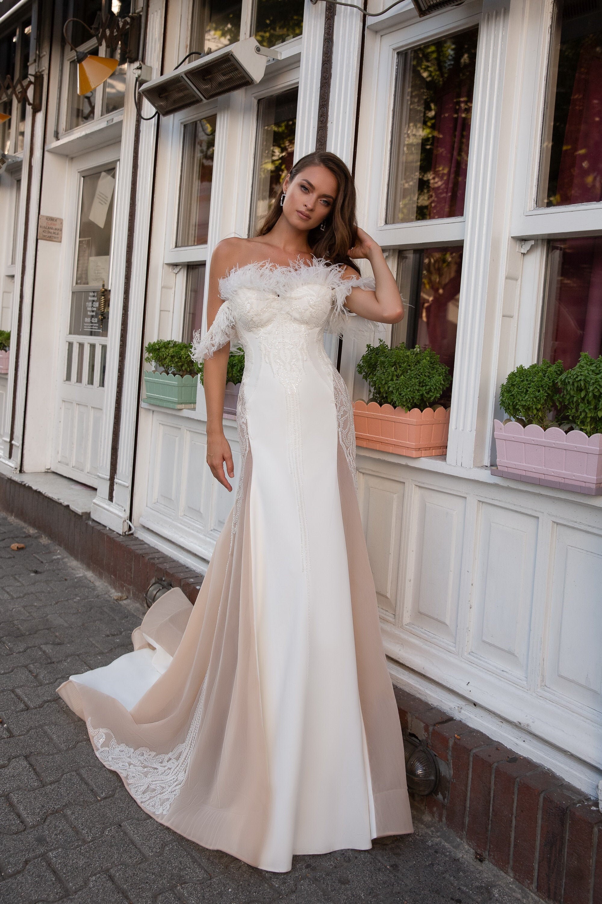 Great Gatsby Wedding Dress. Unique Dress Decorated With Lace