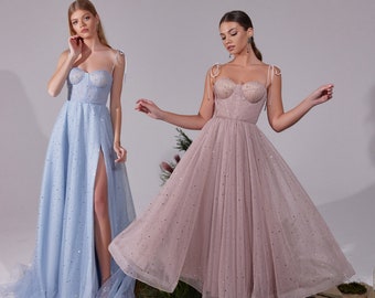Tulle shining dress in the stars. Light blue dress A-silhouette. Blush dress with sweetheart bodice with straps with bows
