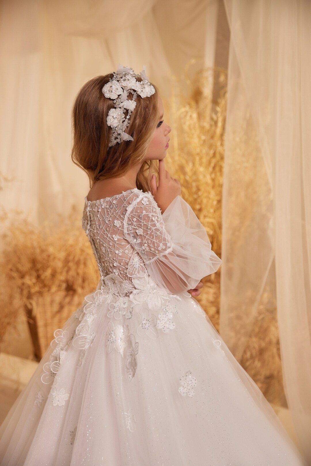 Rosabella Short Sleeve Lace Tiered Tulle communion dress RB299