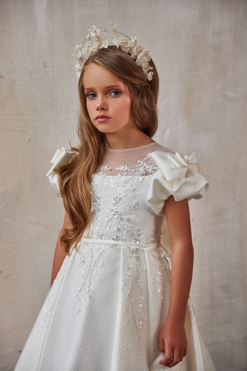 Gorgeous dress for a beauty pageant. Shining communion dress. Fabulously beautiful white satin dress with glitter tulle and rich floral lace image 4