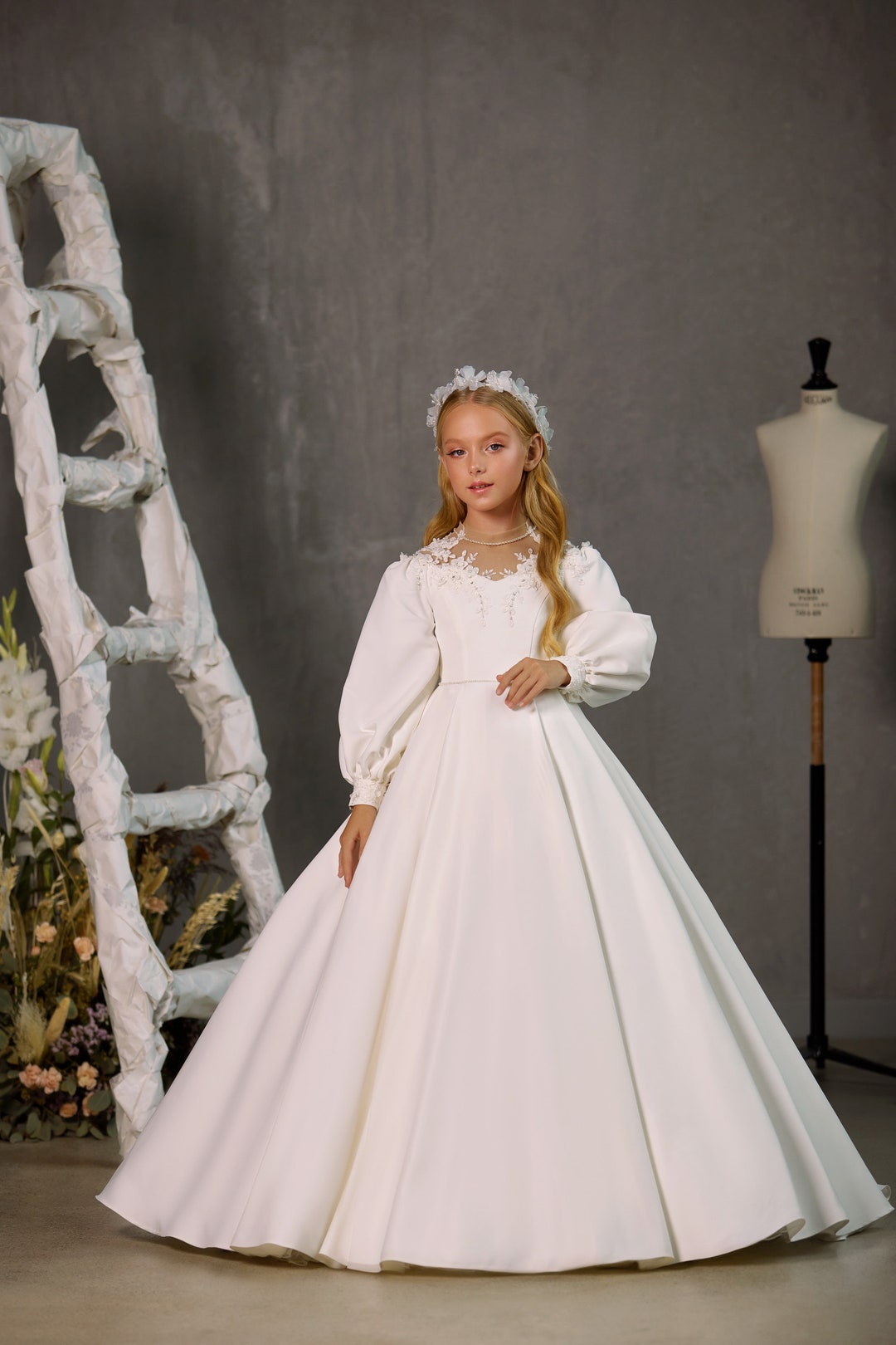 Satin White Communion Dress With Long Voluminous Sleeves. Dress for the