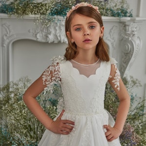 Satin, Tulle and Lace Communion Dress With Bow. Satin Communion Dress ...