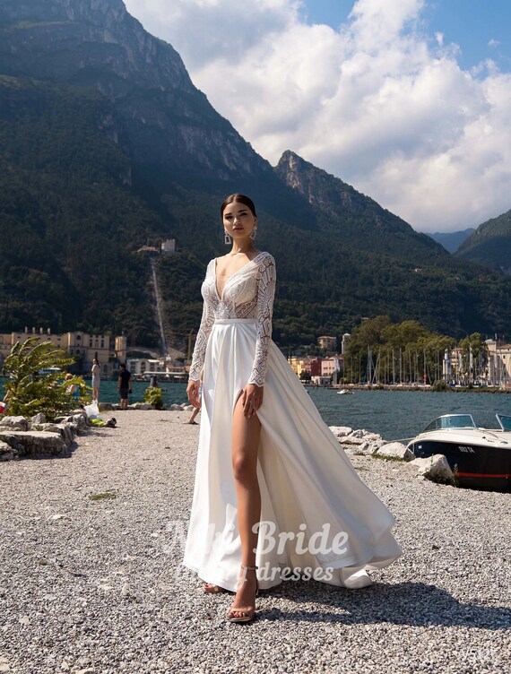 Satin skirt lace hot sale top wedding dress