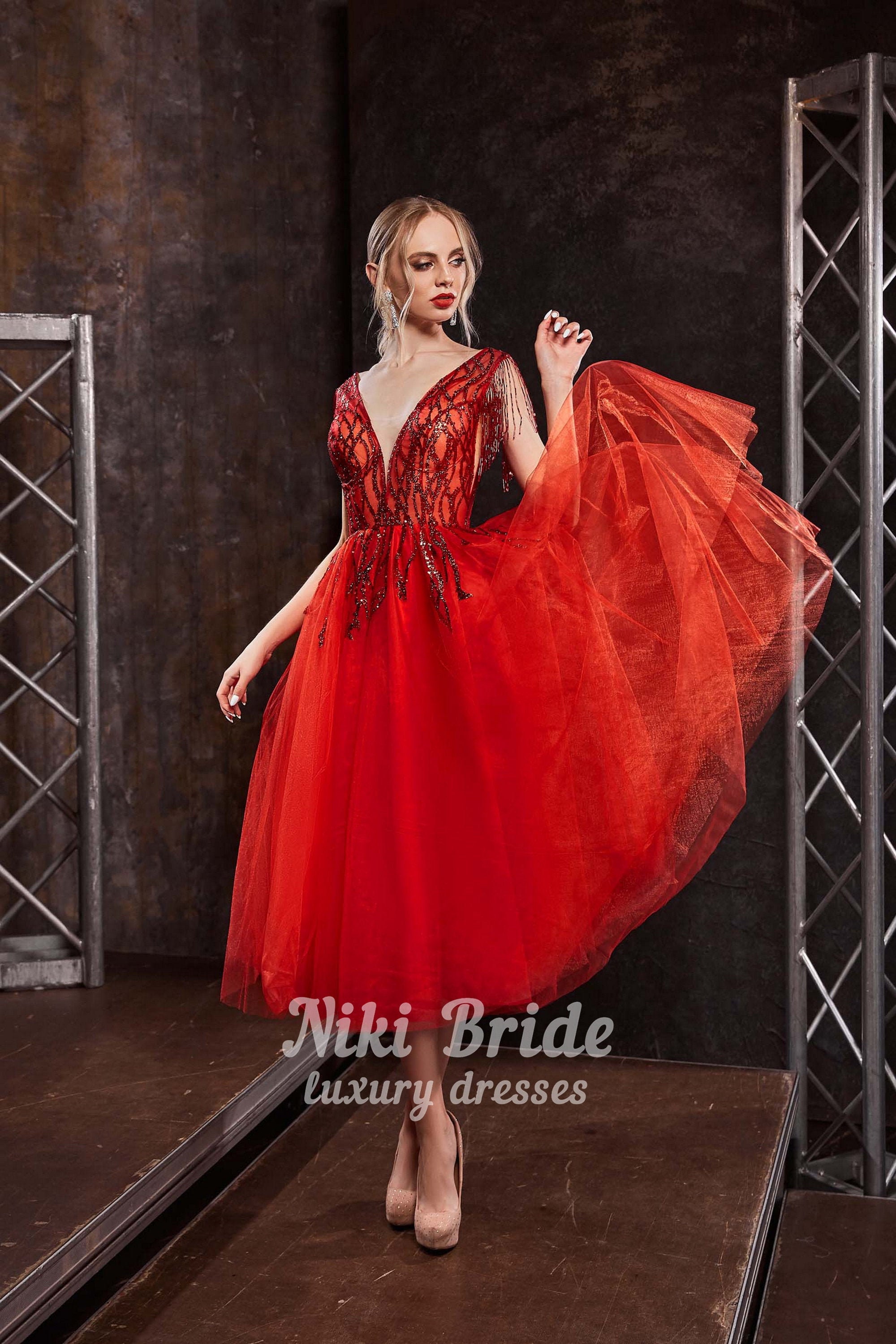 Shiny Sequin Red Tulle Ankle Length Prom Dress with Short Sleeves