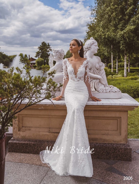Vestido de novia encaje sirena flores 3D / elegante colección - Etsy México Vestido de novia encaje sirena flores 3D / elegante colección - Etsy México