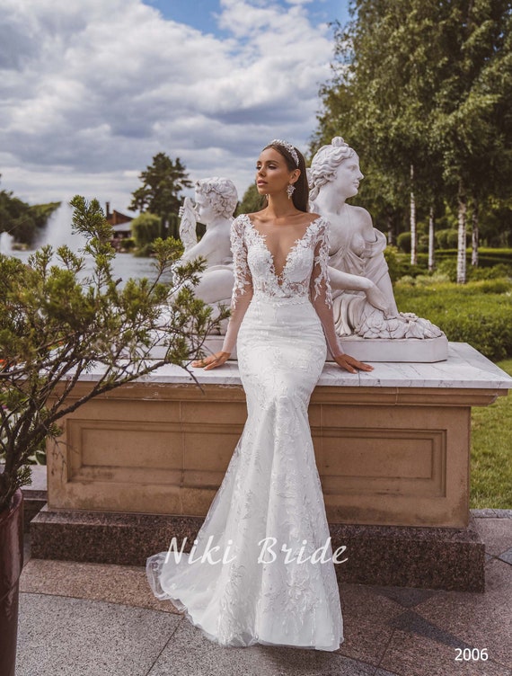 Vestido de novia encaje sirena flores 3D / elegante colección de