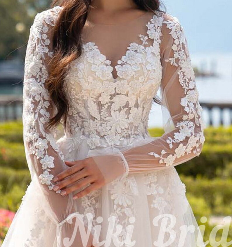 Wedding Dress With 3D Flowers on the Bodice. Dress With Long Etsy