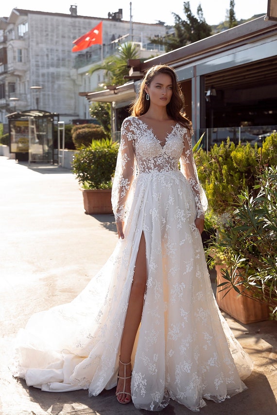 Incredible Lace Wedding Dress Made of Fine Chantilly. Lace Dress With Long  Sleeves Openwork Floor-length Dress With a Magnificent Lace Train -   Canada