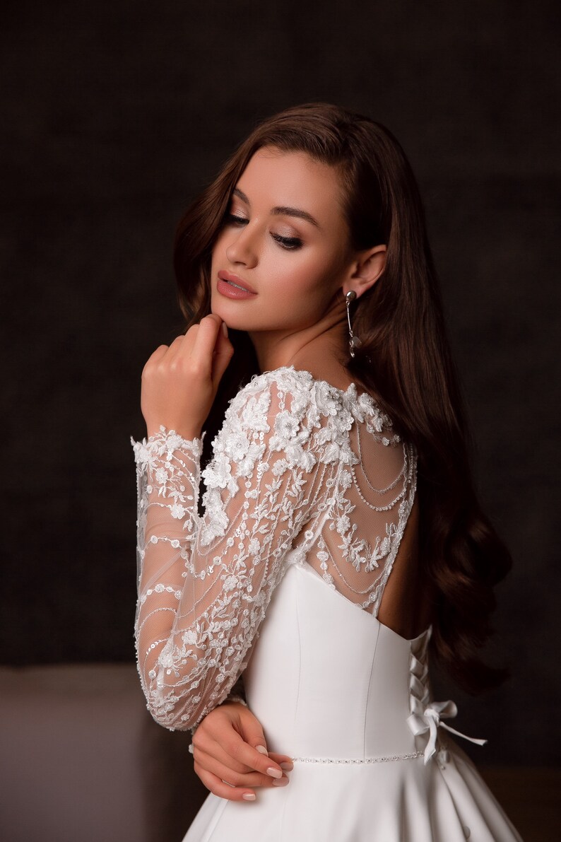 Crepe Satin Gown With Lace Sleeves and 3D Flowers main image 1