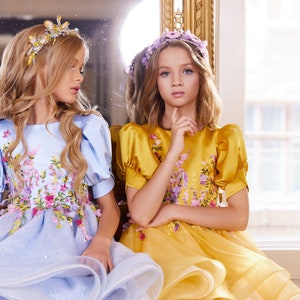 Yellow and blue children's dresses in flowers. Dresses with asymmetric length. Ukrainian dresses in flowers. Dresses in support of Ukraine image 2