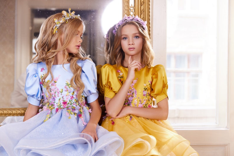 Yellow and blue children's dresses in flowers. Dresses with asymmetric length. Ukrainian dresses in flowers. Dresses in support of Ukraine image 2