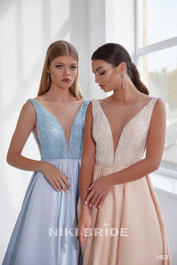 Prom Dress With Embroidered Sequins and Beaded Bodice and Satin
