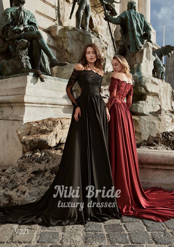 Black Satin Off Shoulder Long Simple Evening Dress Party – jkprom