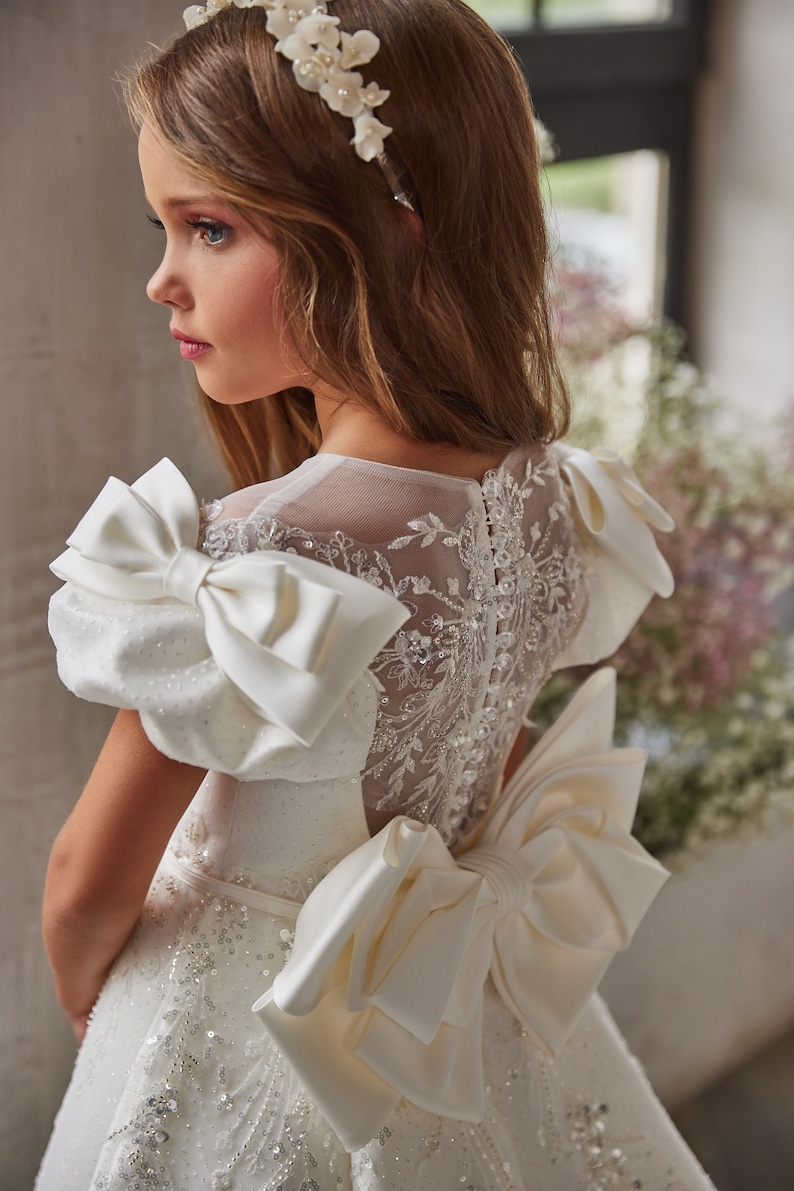 Gorgeous dress for a beauty pageant. Shining communion dress. Fabulously beautiful white satin dress with glitter tulle and rich floral lace image 1