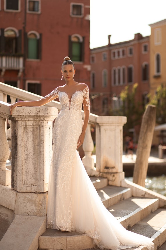 Embellished lace top wedding dress