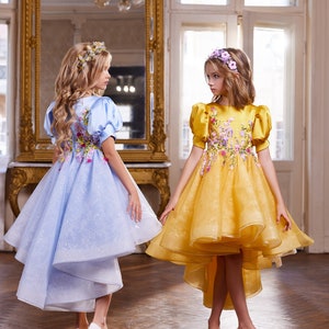 Yellow and blue children's dresses in flowers. Dresses with asymmetric length. Ukrainian dresses in flowers. Dresses in support of Ukraine image 3