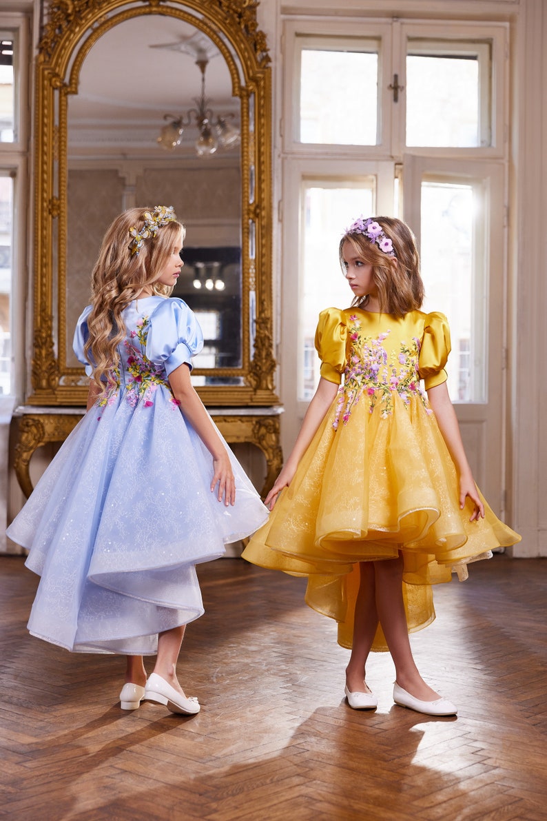 Yellow and blue children's dresses in flowers. Dresses with asymmetric length. Ukrainian dresses in flowers. Dresses in support of Ukraine image 3