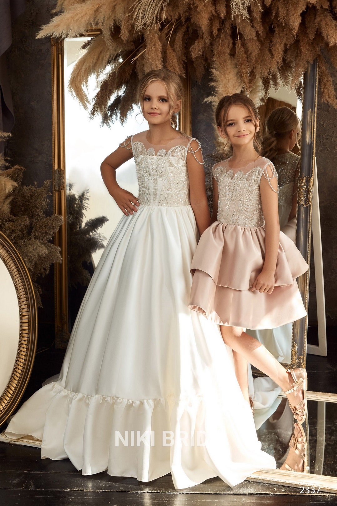 Gorgeous Satin Dress With Rich Lace on Top, Embroidered With Sequins