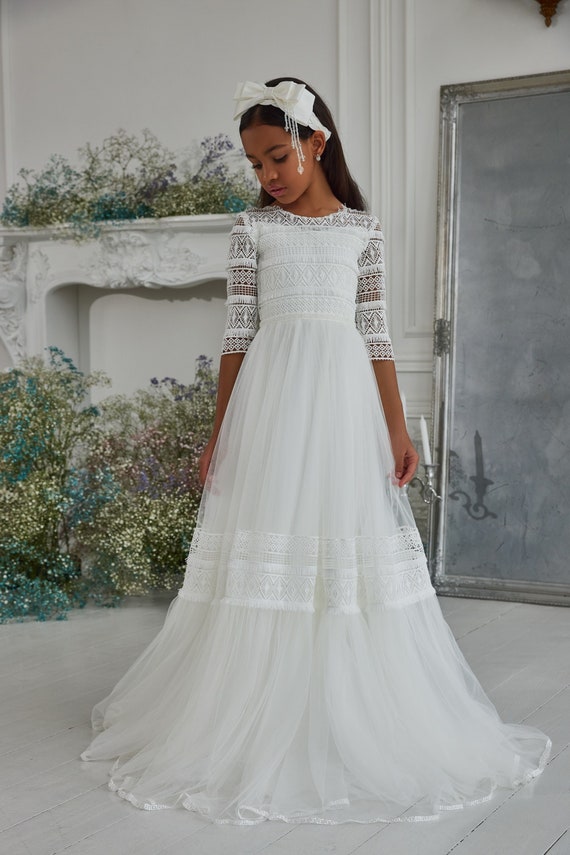 Tulle Communion Dress With Matte Macramé Lace. Openwork - Etsy Canada