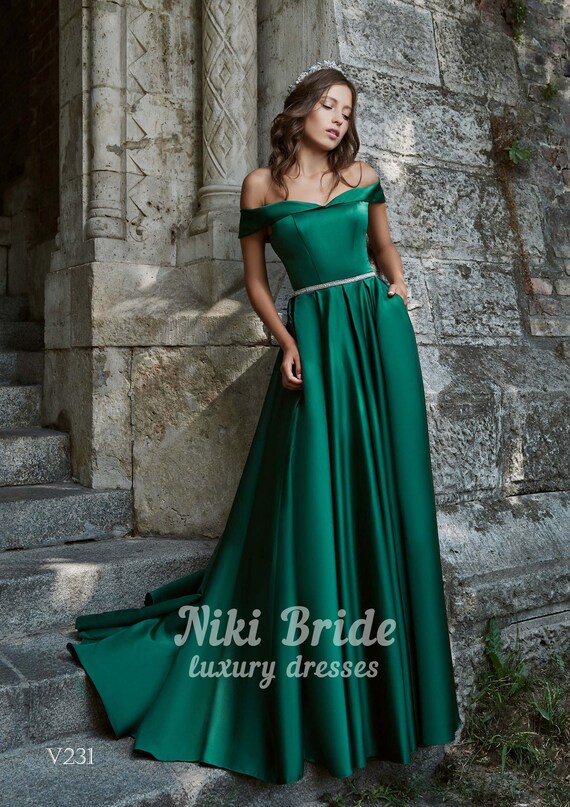 Satin Green Dress With Rhinestones Belt. Skirt With a Train