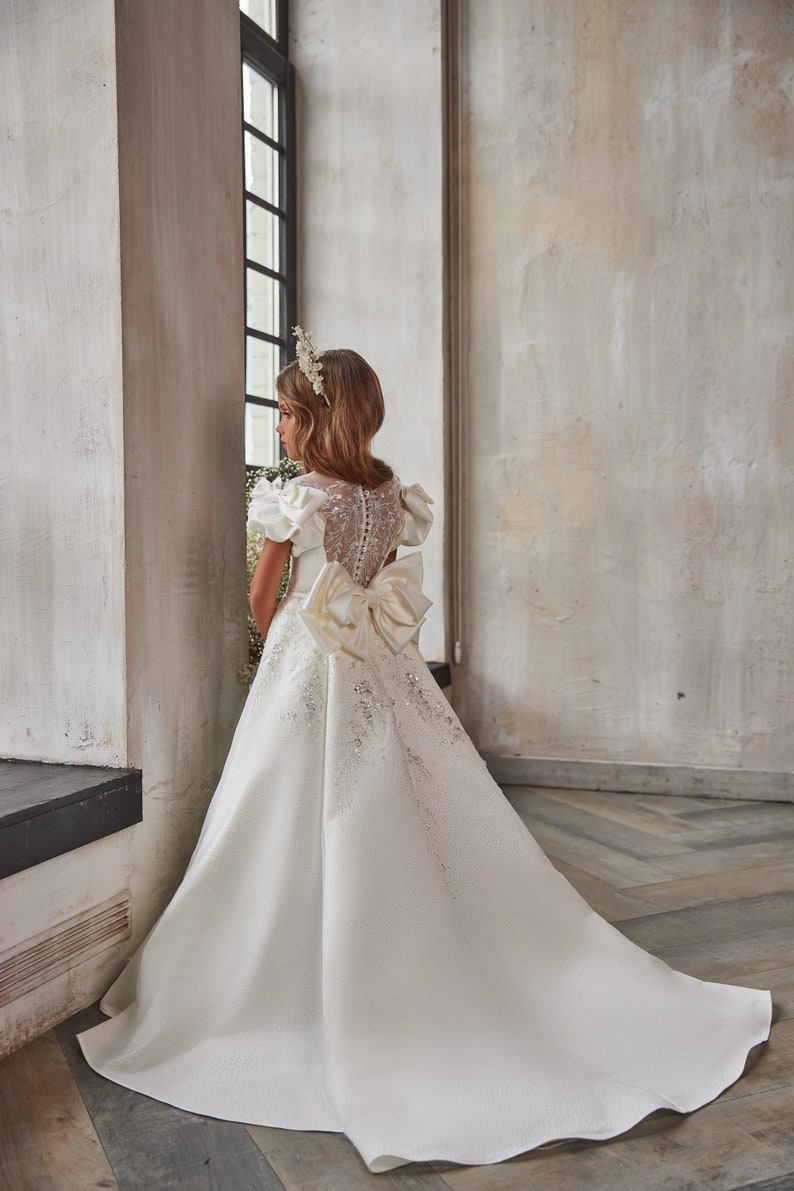 Gorgeous dress for a beauty pageant. Shining communion dress. Fabulously beautiful white satin dress with glitter tulle and rich floral lace image 3