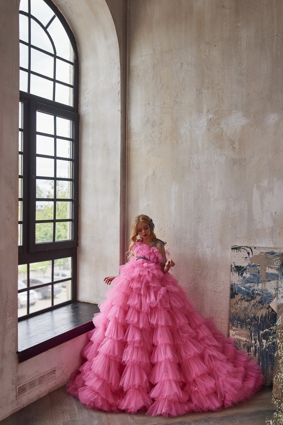 A Fluffy, Layered Tulle Dress in Hot Pink Accented With a Gray Ribbon. Airy  Tulle Dress for a Flower Girl. One-shoulder Tulle Ruffle Dress -  Israel