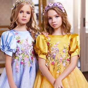 Yellow and blue children's dresses in flowers. Dresses with asymmetric length. Ukrainian dresses in flowers. Dresses in support of Ukraine image 1