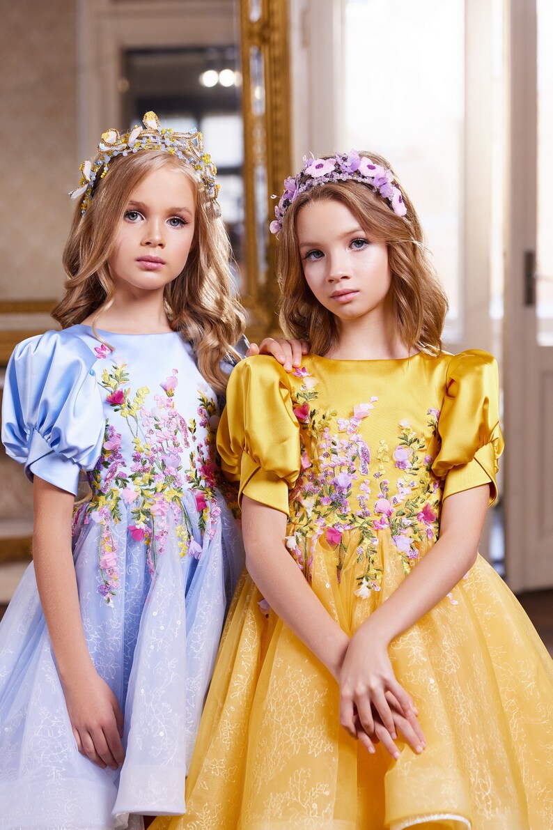 Yellow and blue children's dresses in flowers. Dresses with asymmetric length. Ukrainian dresses in flowers. Dresses in support of Ukraine image 1