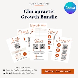 Chiropractische groeibundel, Canva-sjabloon voor beoordelingsverzoeken, check-ins op sociale media. Chiromarketingideeën