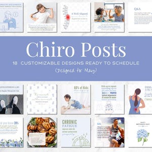 Peut inclure: Ensemble de 18 publications personnalisables sur les réseaux sociaux pour la chiropractie. Le design présente un fond bleu clair avec le titre "Chiro Posts" et diverses images et textes liés aux soins chiropratiques.