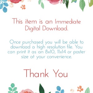 K&ouml;nnte beinhalten: Eine Ank&uuml;ndigung f&uuml;r einen sofortigen digitalen Download mit einem floralen Rand. Der Text lautet: "Dieser Artikel ist ein sofortiger digitaler Download. Nach dem Kauf k&ouml;nnen Sie eine hochaufl&ouml;sende Datei herunterladen. Sie k&ouml;nnen sie in den Formaten 8x10, 11x14 oder Postergr&ouml;&szlig;e nach Belieben ausdrucken. Vielen Dank."
