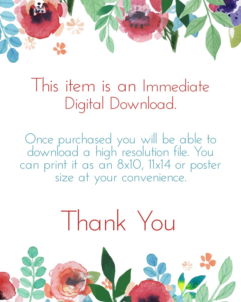 K&ouml;nnte beinhalten: Eine Ank&uuml;ndigung f&uuml;r einen sofortigen digitalen Download mit einem floralen Rand. Der Text lautet: "Dieser Artikel ist ein sofortiger digitaler Download. Nach dem Kauf k&ouml;nnen Sie eine hochaufl&ouml;sende Datei herunterladen. Sie k&ouml;nnen sie in den Formaten 8x10, 11x14 oder Postergr&ouml;&szlig;e nach Belieben ausdrucken. Vielen Dank."