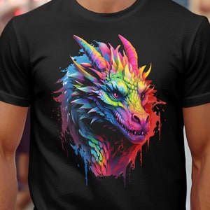Aquarell Drache T-Shirt, Drachen-Liebhaber-Geschenk, mythische Fantasie-T-Shirts, Drachen-T-Shirt, Drachenkopf-T-Stück, buntes Drachenkopf-T-Shirt