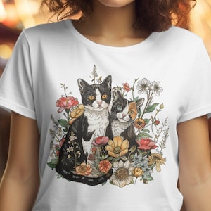 Cute Cats In Flowers Shirt, Cute Cats Tee, Cat Shirt, Cat Mom Shirts, Cat Lovers Shirt, Kitty Shirt, Floral Graphic T Shirts, Cute Cat Shirt