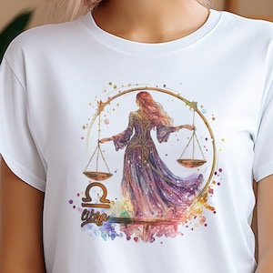 Camiseta con el signo del zodiaco Libra en acuarela: adorable dibujo animado de Libra sosteniendo una balanza: camiseta perfecta con el signo astrológico para los amantes de Libra y los fanáticos del horóscopo