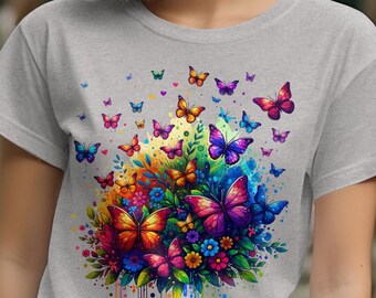 T-shirt graphique bohème papillon, t-shirt papillons et fleurs