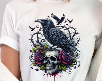 Gothic Raven with Skull & Roses T-Shirt, Dark Academia Tee