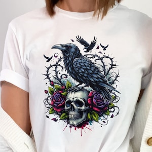 Black Raven With Skull And Roses T-Shirt, Crow Lover Tee, Gothic Raven TShirt, Witchy T Shirt, Dark Academia, Goblincore Sweatshirt Hoodie