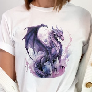 Lila Drache T-Shirt, Drachen-Liebhaber-Geschenk, mythische Fantasie-Hemden, Drache-T-Shirt, Drachen-Flügel-T-Stück, Leder-Flügel-Drache-T-Shirt