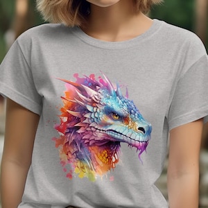 Aquarell Drachenkopf T-Shirt, Drachen-Liebhaber-Geschenk, mythische Fantasie-Hemden, Drachen-T-Shirt, Drachenflügel-T-Stück, Drachen-T-Shirt