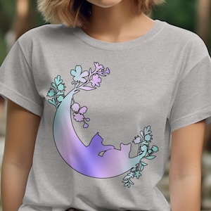 Cats Flowers and Moon T-Shirt, Kittens Moon, Kittens playing with Flowers, Moon T Shirt, Colourful TShirt, Cat Shirt, Aesthetic Moon Tee