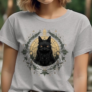 Black Cat and Celestial Witchy Symbols Shirt – Mystic and Magical Tee for Witchcraft Lover, Perfect for Fans of Black Cats and Occult Design