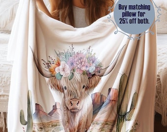 Highland Cow Blanket, Cow Lover Gift, Highland Throw Blanket, Highland Cow Gift, Cow with Flowers Blanket, Highland Cow Desert Scene Throw