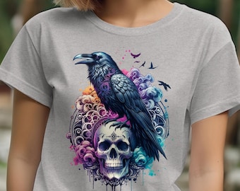 Watercolor Raven Skull T-Shirt, Gothic Goblincore Tee