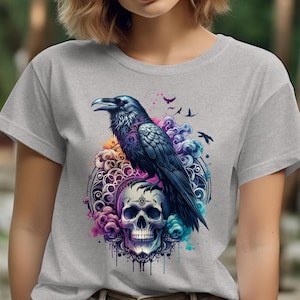 Watercolour Black Raven With Skull T-Shirt, Crow Lover Tee, Gothic Raven TShirt, Witchy T Shirt, Dark Academia, Goblincore Sweatshirt Hoodie